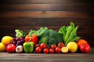 Fresh vegetables and fruits on wooden background. Healthy food. Diet concept, Fresh fruits and vegetables on wooden table. Healthy food background. Diet concept, AI Generated