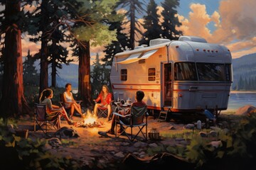 Fototapeta na wymiar Camping in the forest with a camper van. Oil painting on canvas, Friends enjoying a summer camping, top section cropped, side view, AI Generated