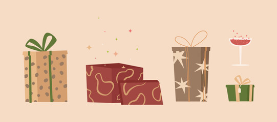 Vector set of presents and champagne. Cute hand-drawn gift boxes for the winter holidays. For a stickers, cards and holiday invitations for Christmas and New Year