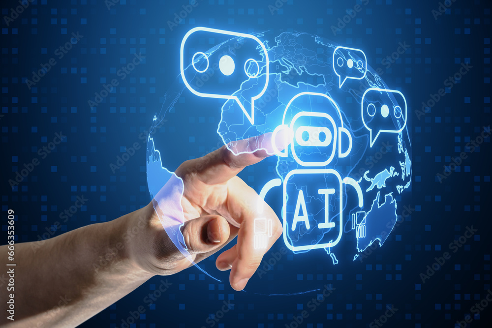 Poster Close up of businessman hand pointing at creative glowing robot and globe ai hologram on blurry blue background. Machine learning, artificial intelligence and innovation concept.