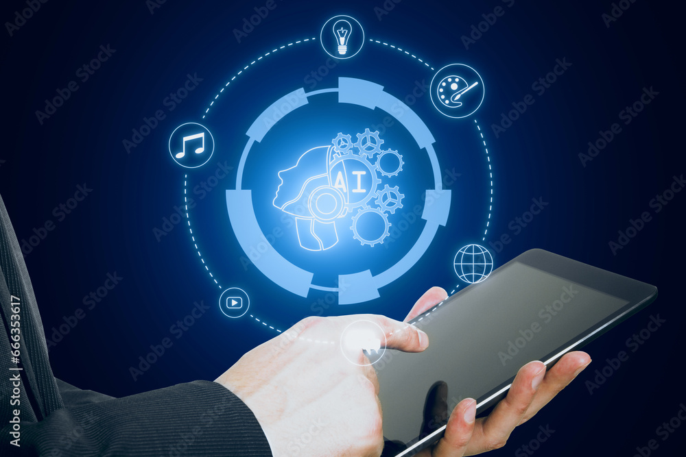Poster close up of businessman hand pointing at tablet with creative glowing round head outline ai hologram