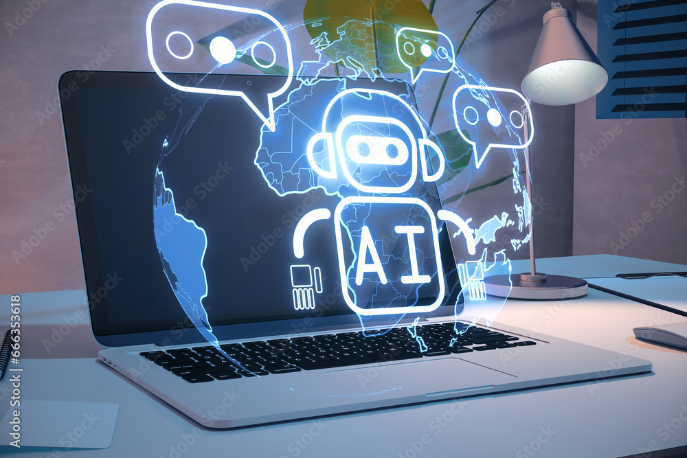 Poster close up of laptop on desk with lamp, supplies and creative glowing robot and globe ai hologram on b