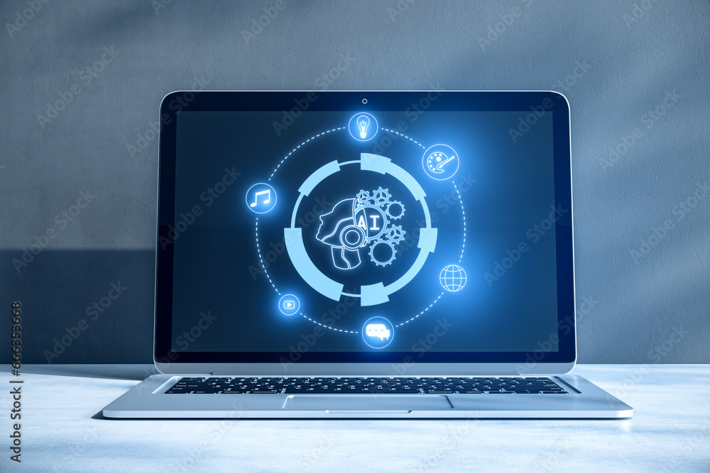 Poster close up of laptop on desk with creative glowing round head outline ai hologram on blurry background