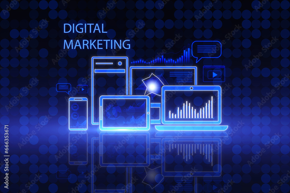 Aufkleber creative blue gadgets hologram and business chart on blurry pixel backdrop. digital marketing, socia