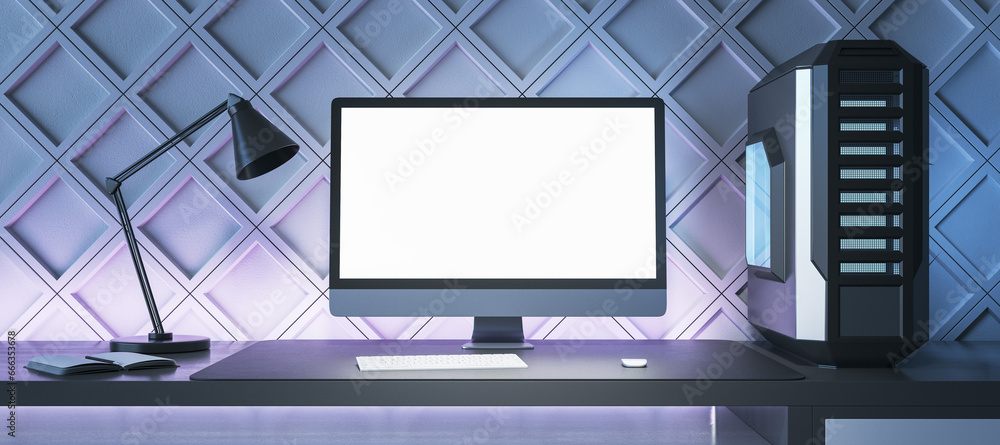 Poster creative gamers desktop with empty white computer monitor, lamp and system unit on decorative blue w