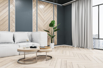 Clean wooden living room interior with sofa, panoramic window, city view and curtain, coffee table and decorative plants. 3D Rendering.