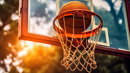 Basketball hoop with basketball entering the hoop. - obrazy, fototapety, plakaty