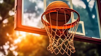 Fotobehang Basketball hoop with basketball entering the hoop. © Art.disini