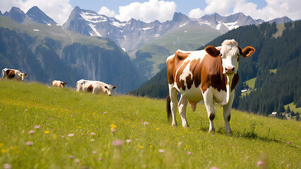 Fototapeta na wymiar Cows are grazing in the meadow, mountain background.