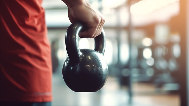 Man lifting kettlebell like dumbbells in fitness sport club gym training center.
