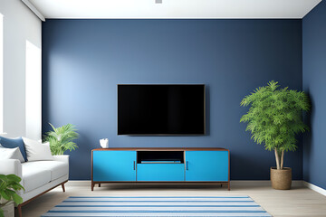 Blue color wall Background, minimal living room interior decor with a TV cabinet. Modern living room