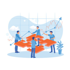  Business people are having a meeting in the conference room. Put the puzzle together. Employee Making concept. trend modern vector flat illustration