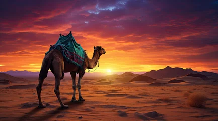 Fotobehang a camel walks against a sunset in the sand desert © Kien