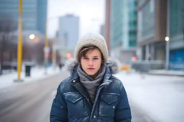 Portrait of young boy standing on a city street in winter