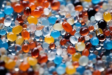 Detailed view of plastic beads, compound polymers, polymer grains, and polymer plastic. Generative AI