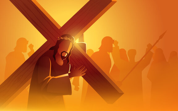 Jesus carrying his cross, as the people of Jerusalem cheer to mock him. Captures a pivotal moment in the Christian narrative, symbolizing themes of suffering, ridicule, and the weight of faith