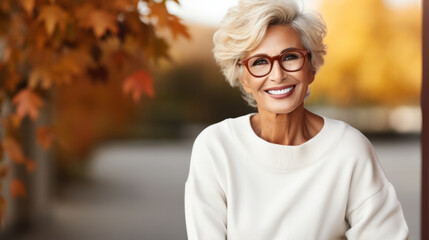 Portrait of a beautiful middle-aged woman outdoors suburban street. Selective focus.