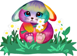 rainbow easter bunny with flower