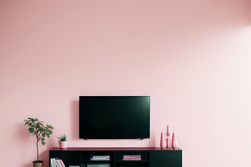 Pink color wall Background, minimal living room interior decor with a TV cabinet