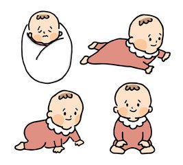 ベビー服を着た赤ちゃんのイラストセット