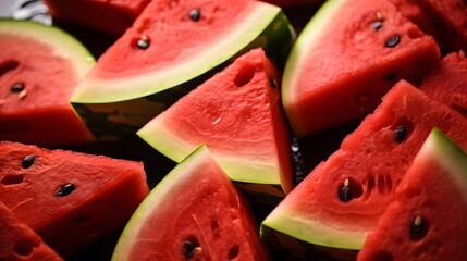 Macro and close-up of juicy and fresh sliced Watermelon Wedges, top view