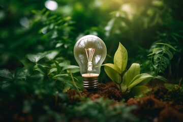 Environmentally-friendly lightbulb surrounded by plants on a green background, representing renewable and sustainable energy. Generative AI