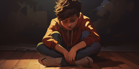 Depressed teen boy sitting slumped symbolizing bad emotional state - obrazy, fototapety, plakaty