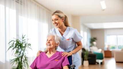 Medical caregiver or therapist helping patient or person with a disability in retirement or physiotherapy