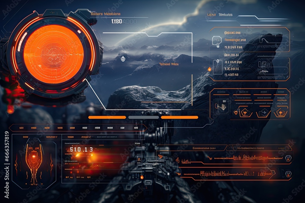 Poster astronaut in outer space against the background of the planet, game interface with futuristic weapon