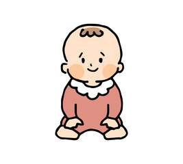 ベビー服を着てお座りをする笑顔の赤ちゃん