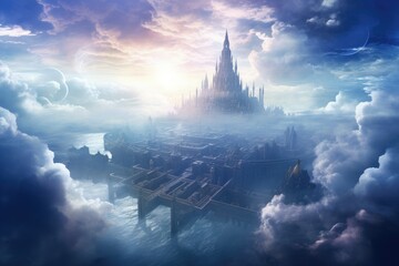 Fantasy landscape with ancient temple and cloudy sky. 3D rendering, Generate an image that unveils the ethereal beauty, AI Generated