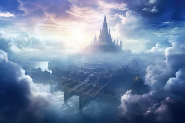 Poster Bedehuis Fantasy landscape with ancient temple and cloudy sky. 3D rendering, Generate an image that unveils the ethereal beauty, AI Generated