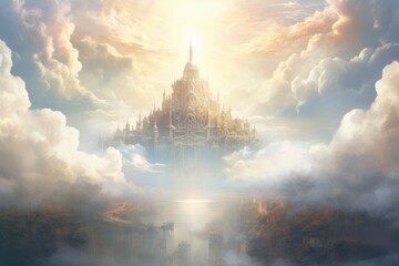 Magic temple in the clouds. Fantasy landscape. 3D rendering, Generate an image that unveils the ethereal beauty, AI Generated