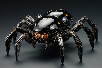 3d illustration of black spider with golden eyes on a dark background, genetically modified robotic black spider, AI Generated