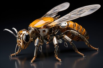 Honey bee isolated on black background. 3d render illustration, genetically modified robotic Honey Bee, AI Generated - obrazy, fototapety, plakaty