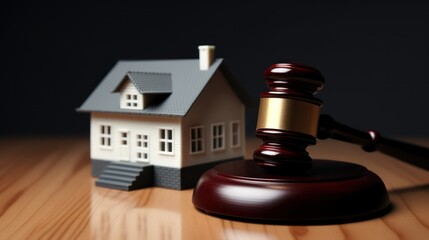gavel and small house model on office table for restate and law concept created - obrazy, fototapety, plakaty