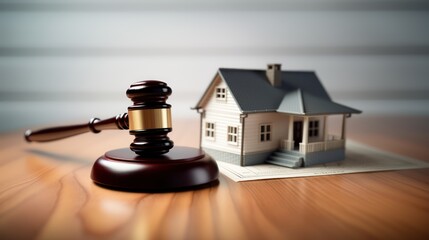 gavel and small house model on office table for restate and law concept created - obrazy, fototapety, plakaty