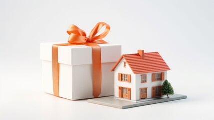 Small house model with gift box on white background 