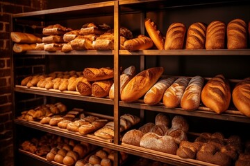 Bakery racks with assorted freshly baked bread, various types displayed under bright light. Golden crust breads showcased on wooden shelves. Generative AI