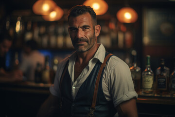 Obraz premium Bartender handsome adult man in an apron standing in a pub and looking at camera. Bar owner