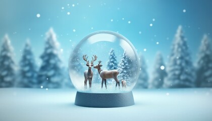 Fototapeta na wymiar 3d reindeer snow globe clean blue snow fall background
