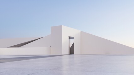 white abstract futuristic architecture on a flat floor, with sky background. 3D illustration render