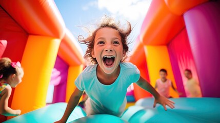 happy excited girl having fun on inflatable attraction playground. - obrazy, fototapety, plakaty