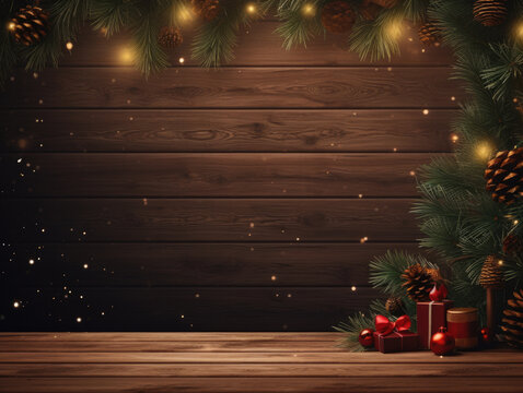 christmas themed background featuring wood planks and pinecones and christmas decor with copyspace