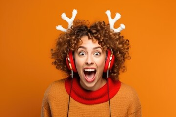  curly lady excited to meet x-mas and wearing  reindeer antlers headband - obrazy, fototapety, plakaty