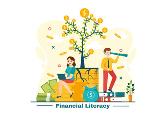 Financial Literacy Webinar Vector Illustration with Finance Management, Investment Money and Budget in Education Accounting Flat Background Design