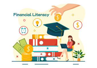 Fototapeta na wymiar Financial Literacy Webinar Vector Illustration with Finance Management, Investment Money and Budget in Education Accounting Flat Background Design