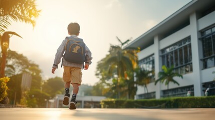 Back view of school boy walking to school 