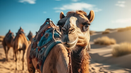 Camels in a bright cape against the backdrop of the sand dune desert Tourism warm countries background