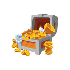Open wooden chest with treasures and coins stack.